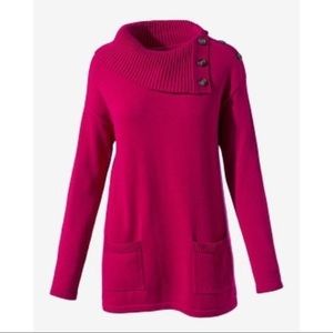 Chico's Fuchsia Cowl Neck TunicSweater Button Detail Cozy Knit Pullover size 3